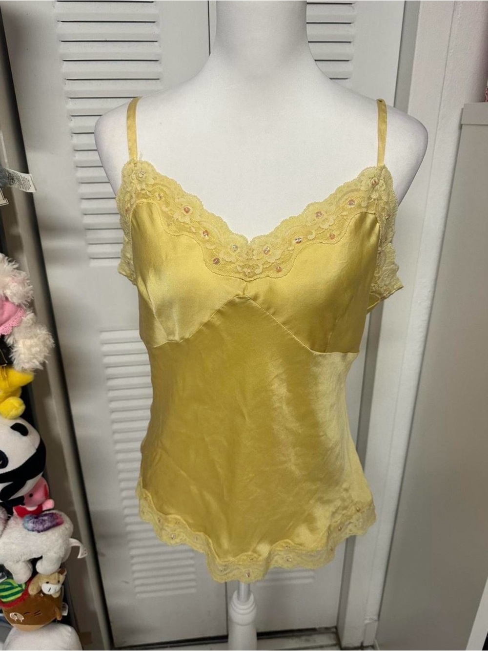 Yellow Lace-Trim Silk Cami Top